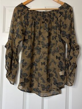 Ya Los Angeles Taupe Sheer Silk Blend Butterfly Print Off-Shoulder Blouse Size M